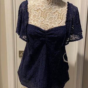 Hinge Lace Knit Navy Blue Short Sleeve Top